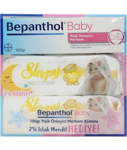 Bepanthol Baby Pişik Önleyici Merhem 100 Gr + 2 Paket Sleepy Sensitive Islak Havlu 90 Lı Hediye